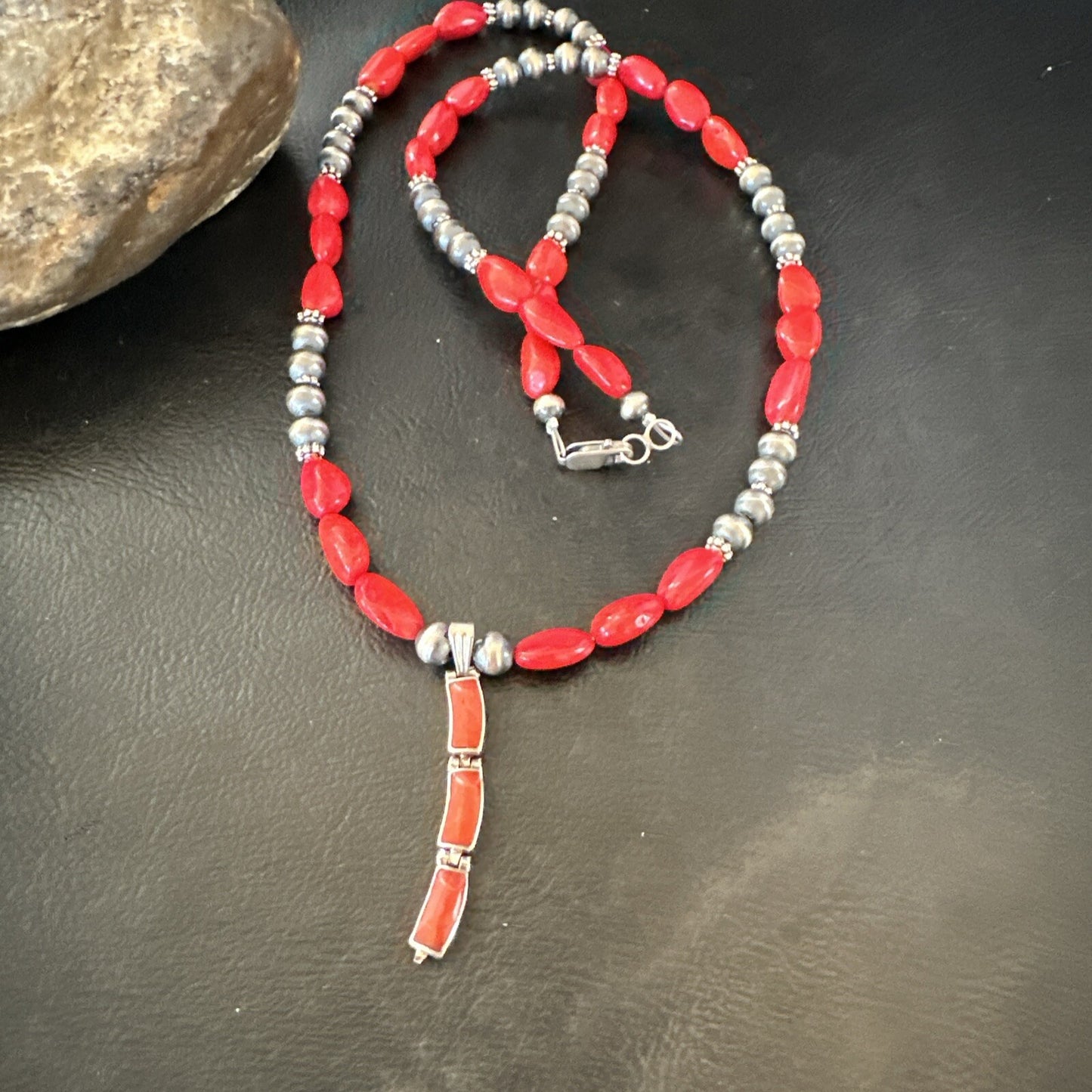 Red Coral Pendant Navajo Pearls Sterling Silver Necklace 23" 18363