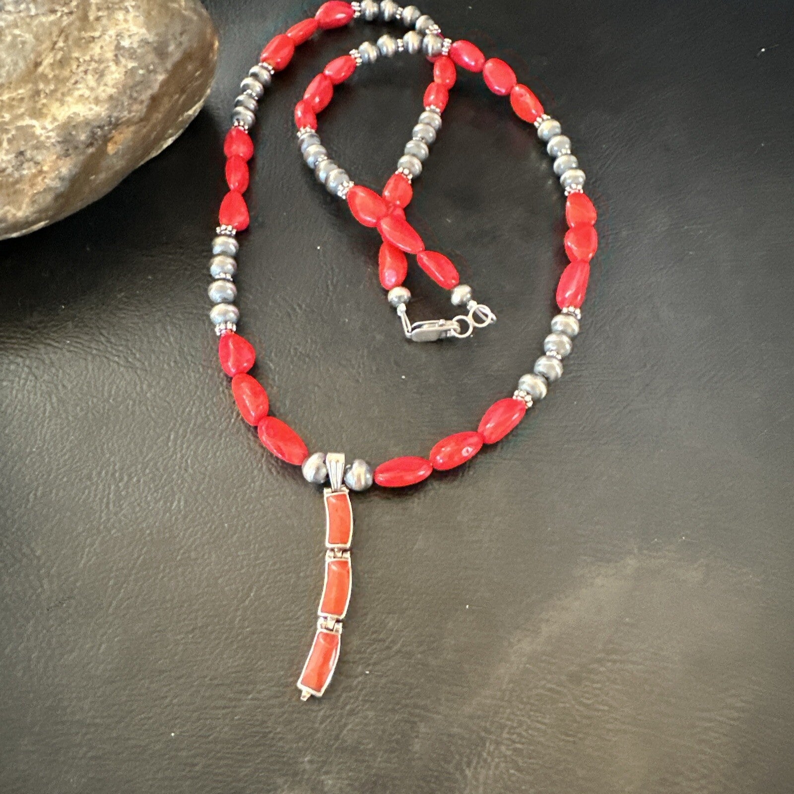 Red Coral Pendant Navajo Pearls Sterling Silver Necklace 23" 18363