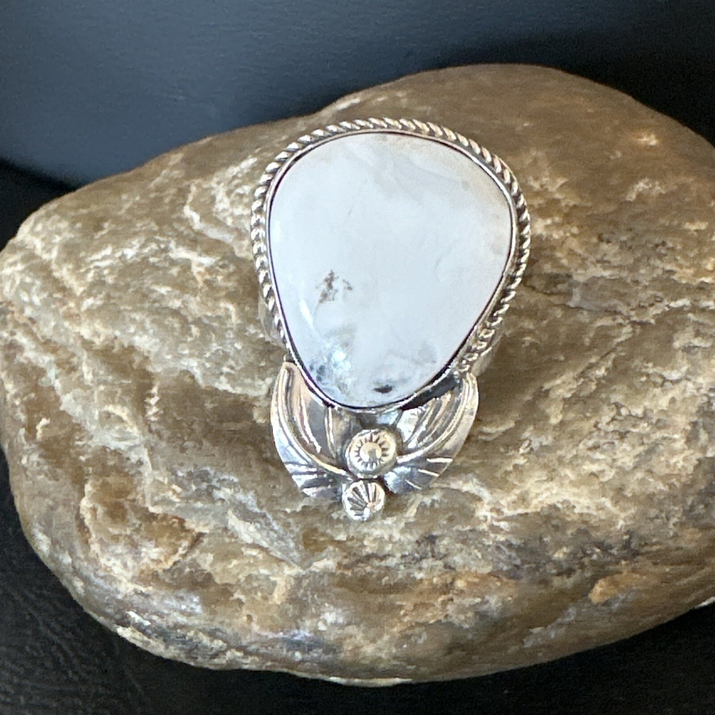 Mens Womens White Buffalo Turquoise Navajo Sterling Silver Ring Size 9 18100
