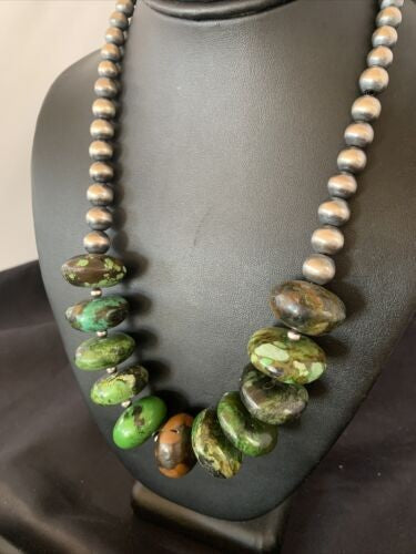 Navajo Chunky Graduated Green Turquoise Necklace Sterling Silver 18" 11768