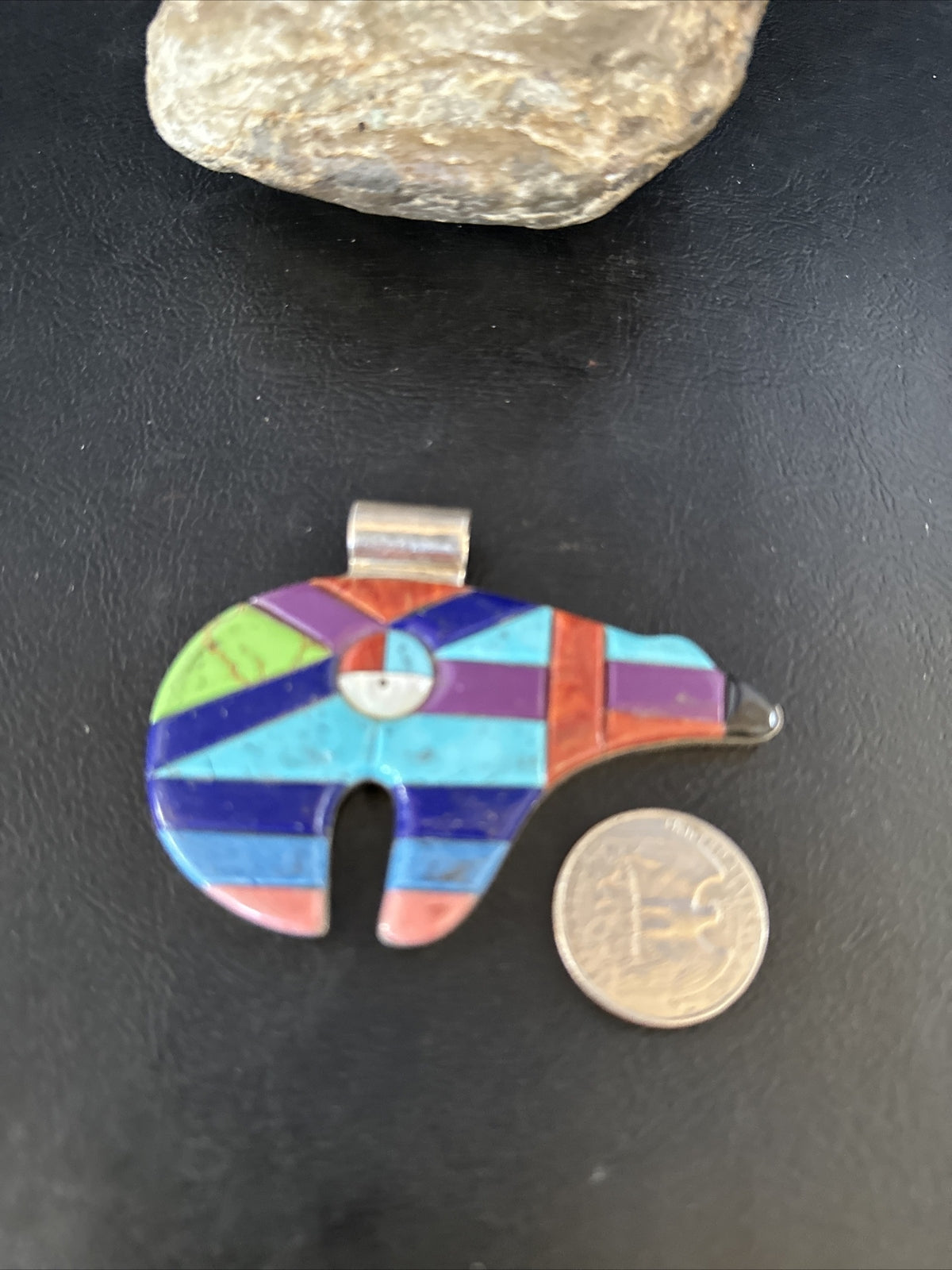 BEAR Mens Womens Navajo Sterling Multi-Color Turquoise Inlay Pendant 14226