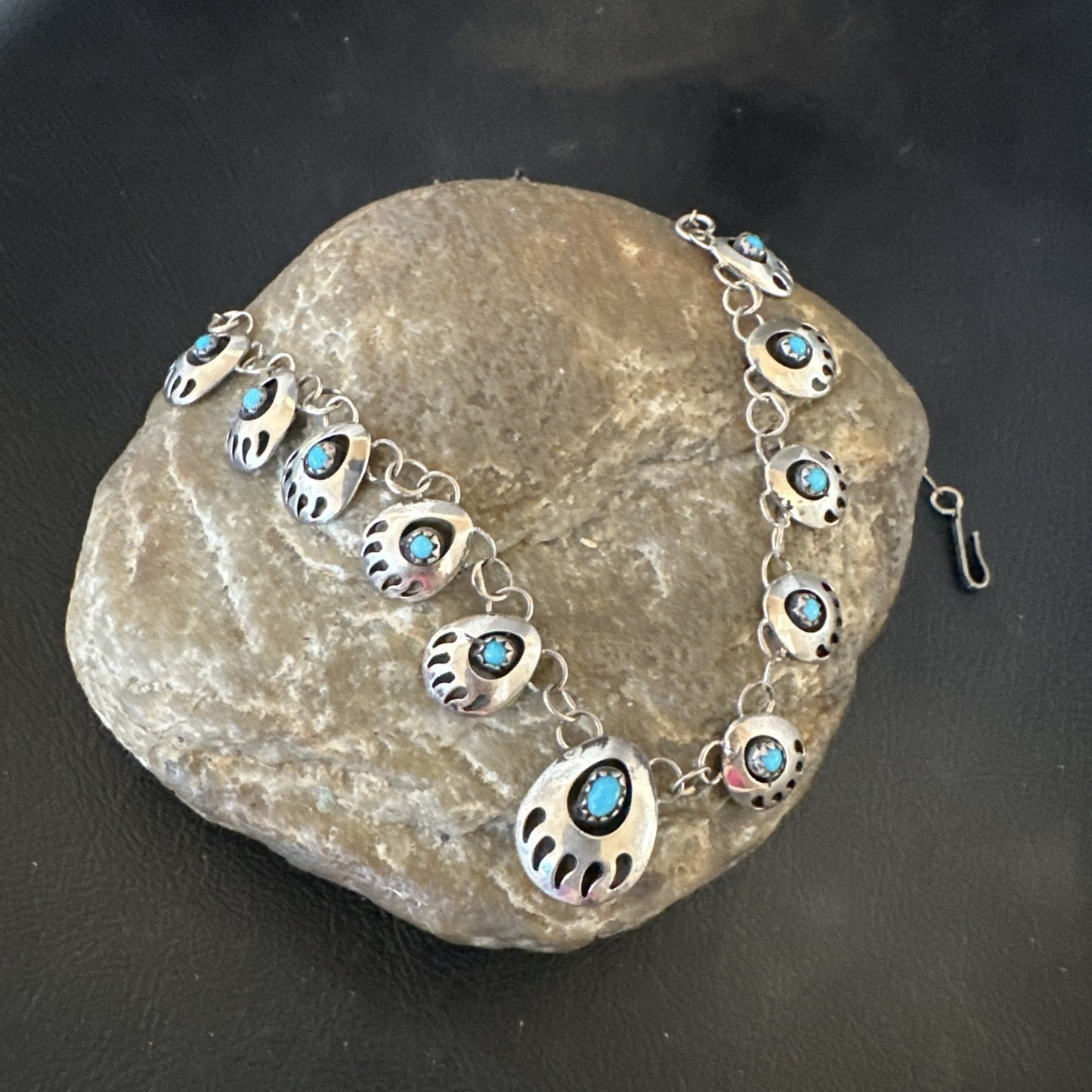 Blue Turquoise Navajo Sterling Silver Bear Paw ShadowBox Necklace 17" 19745