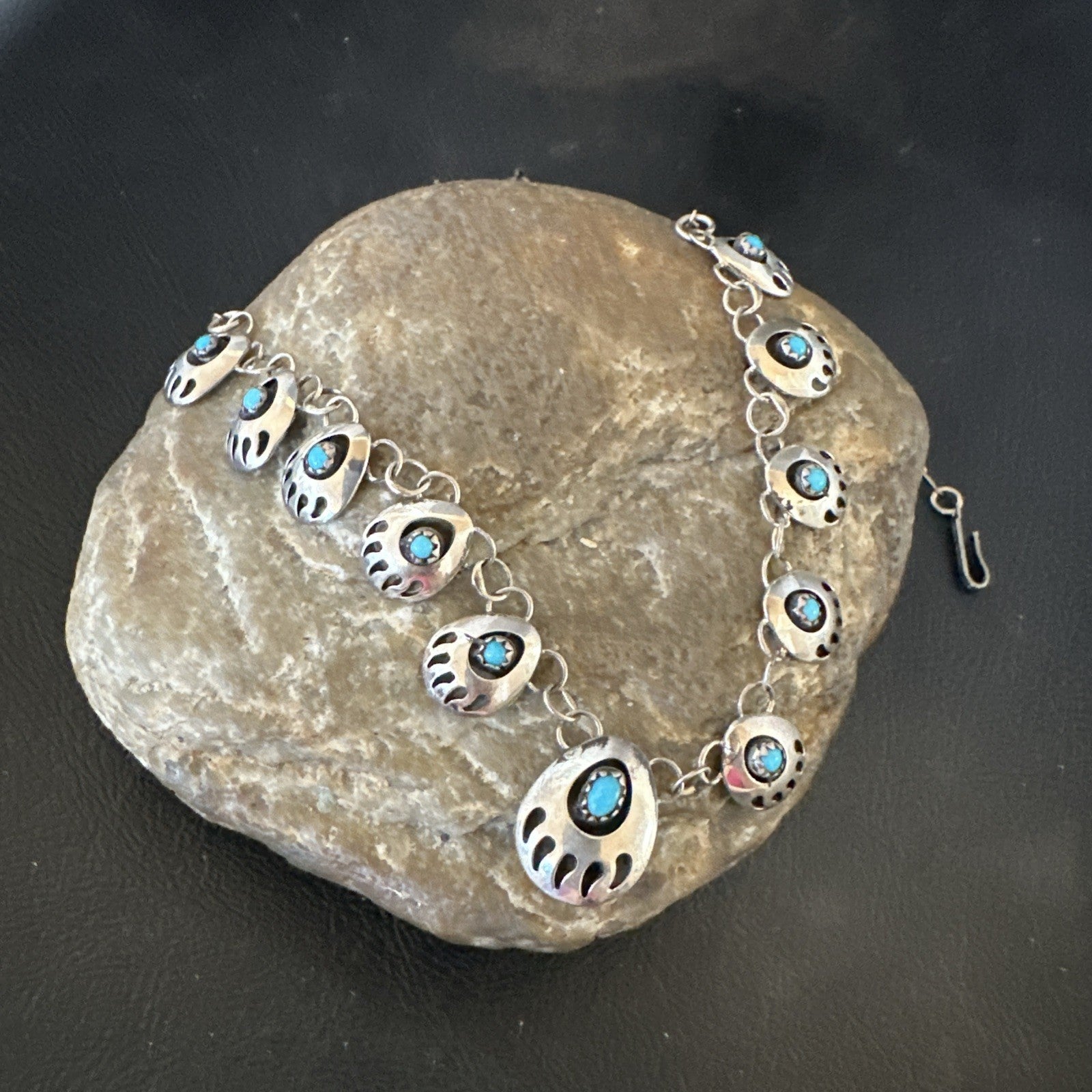 Blue Turquoise Navajo Sterling Silver Bear Paw ShadowBox Necklace 17" 19745