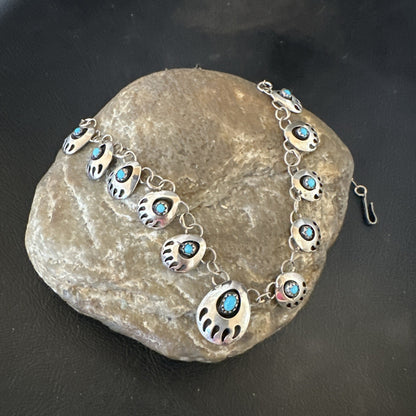 Blue Turquoise Navajo Sterling Silver Bear Paw ShadowBox Necklace 17" 19745