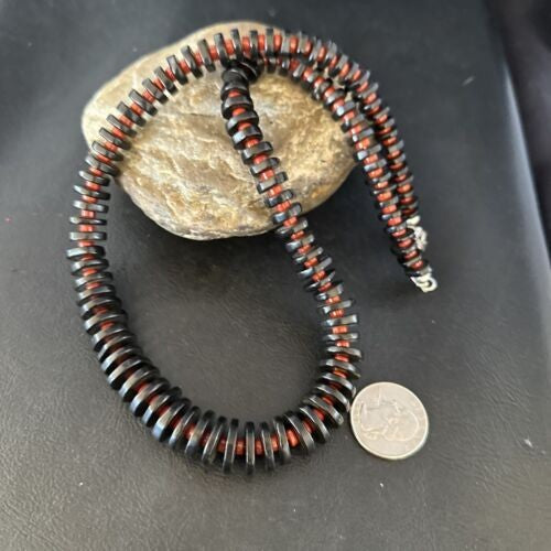 Navajo Bamboo Coral Black Onyx Necklace Sterling Silver 20" 14431