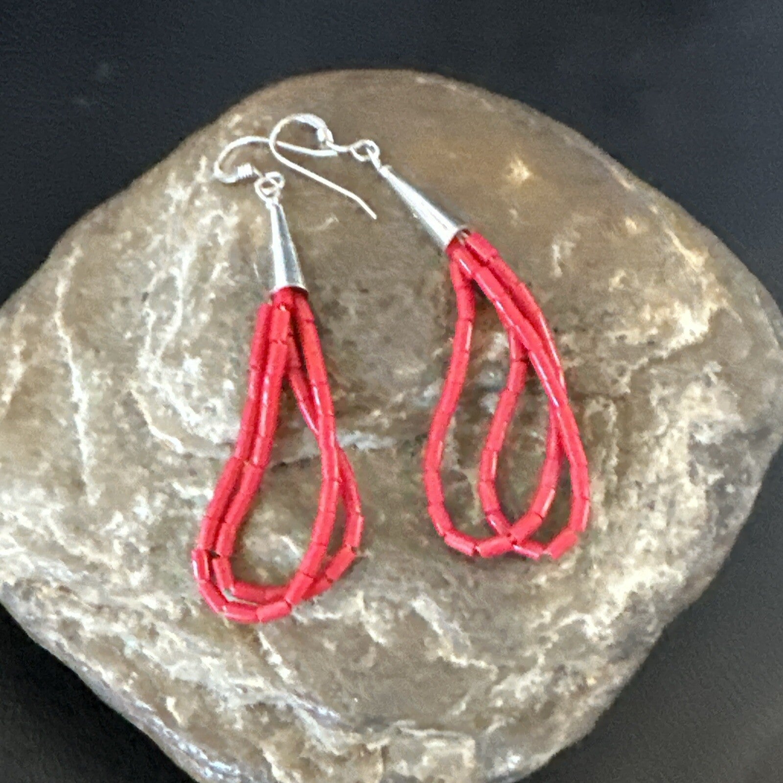 Native Red Coral Heishi Tube Liquid Sterling Silver Dangle Earrings 2" 4394