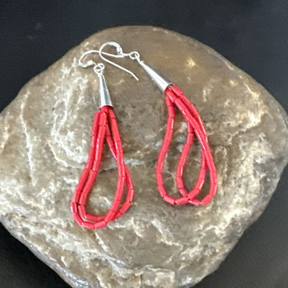 Native Red Coral Heishi Tube Liquid Sterling Silver Dangle Earrings 2" 4394