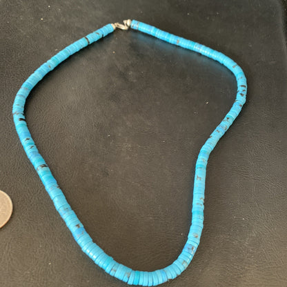 Robin Egg Blue Turquoise 18" Heishi Sterling Silver Bead Necklace 14008