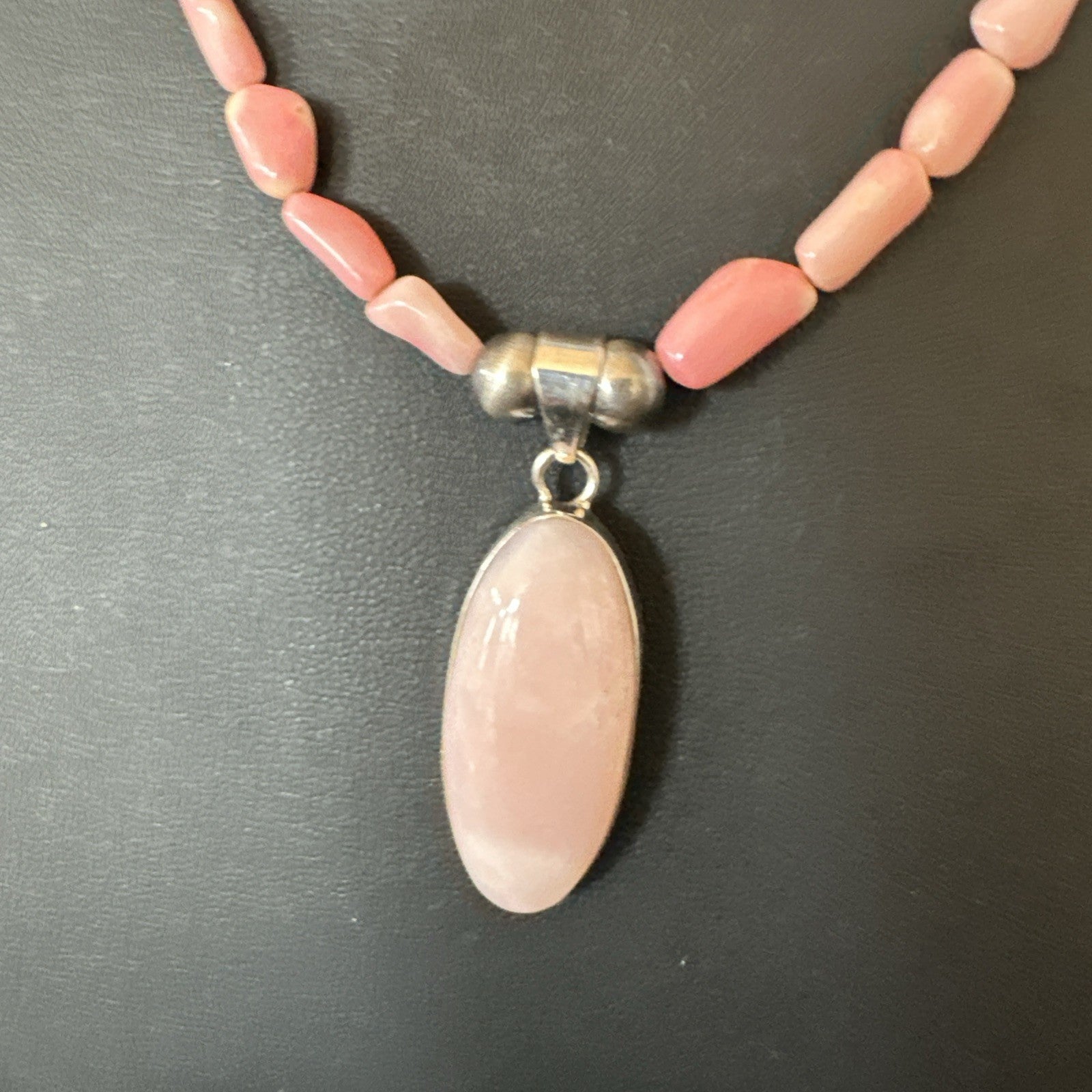 Southwestern Sterling Silver Pink Coral Bead Necklace Quartz Pendant 24" 19585