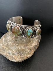 Green Royston Turquoise 5 Stone Navajo Cuff Bracelet | Sterling Silver | Authentic Native American Handmade | 1380
