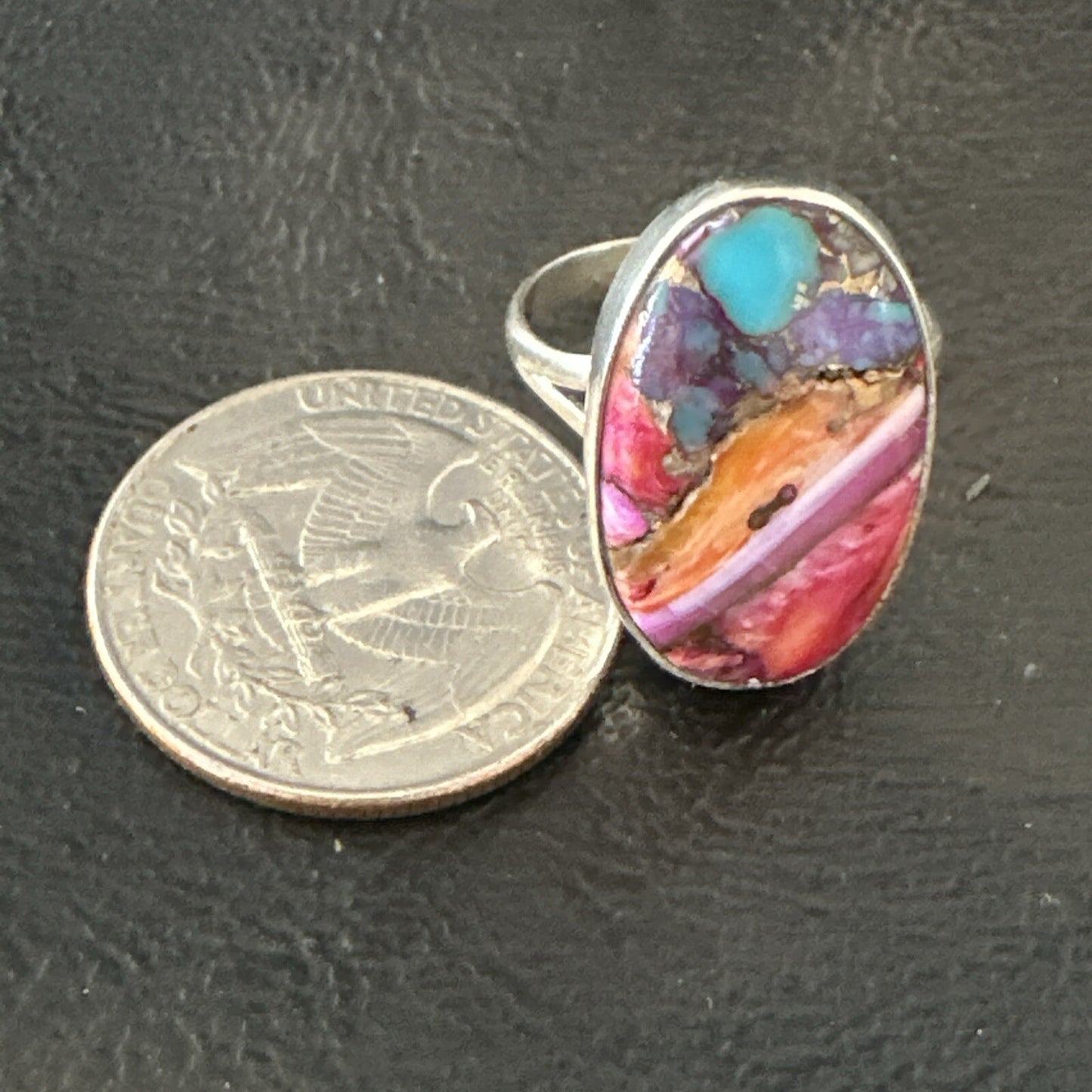 Blue Turquoise Spiny Oyster Southwestern Sterling Silver Ring Size 8 18479