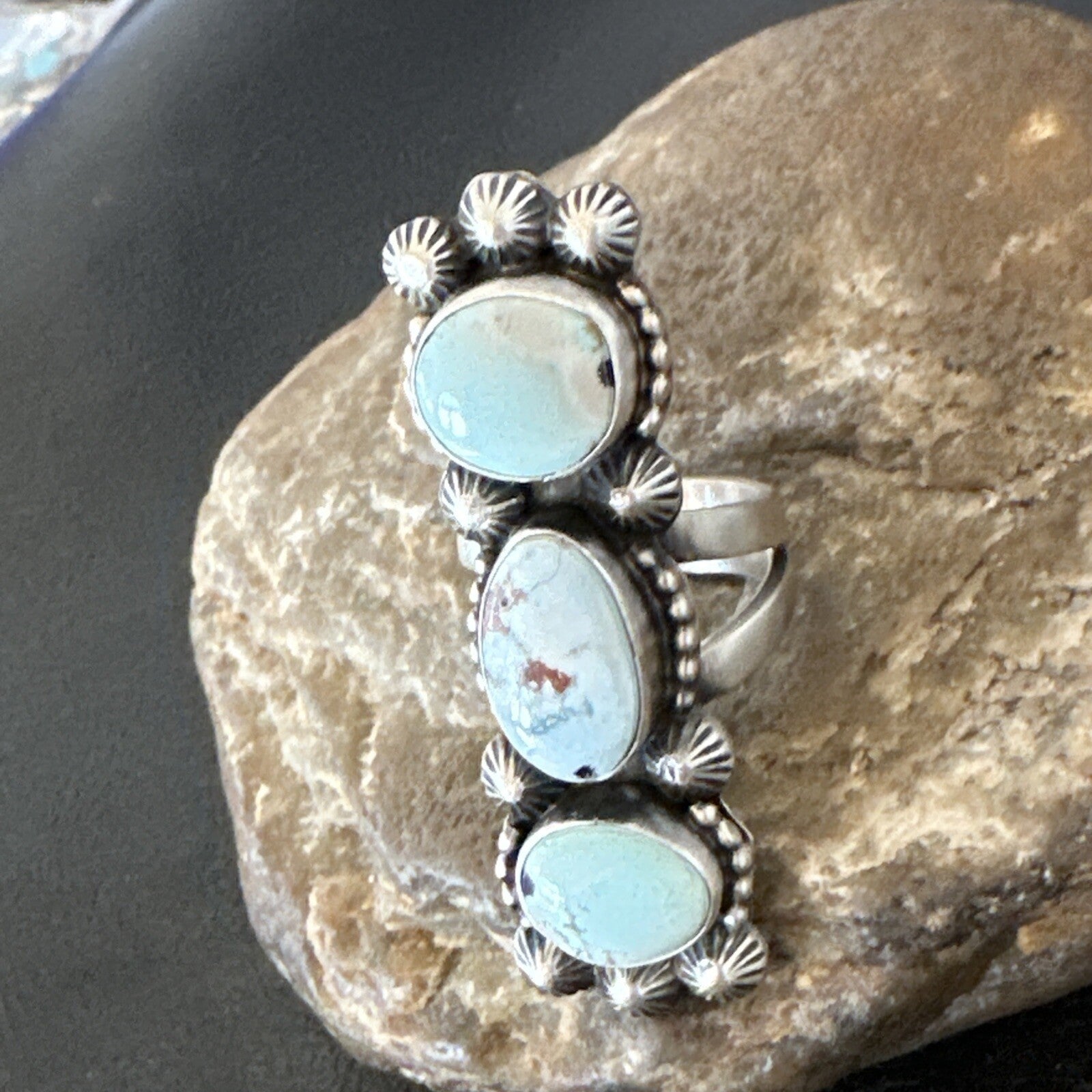 Navajo Sterling Silver Cluster Blue Dry Creek Turquoise Ring Sz 6.5 18596