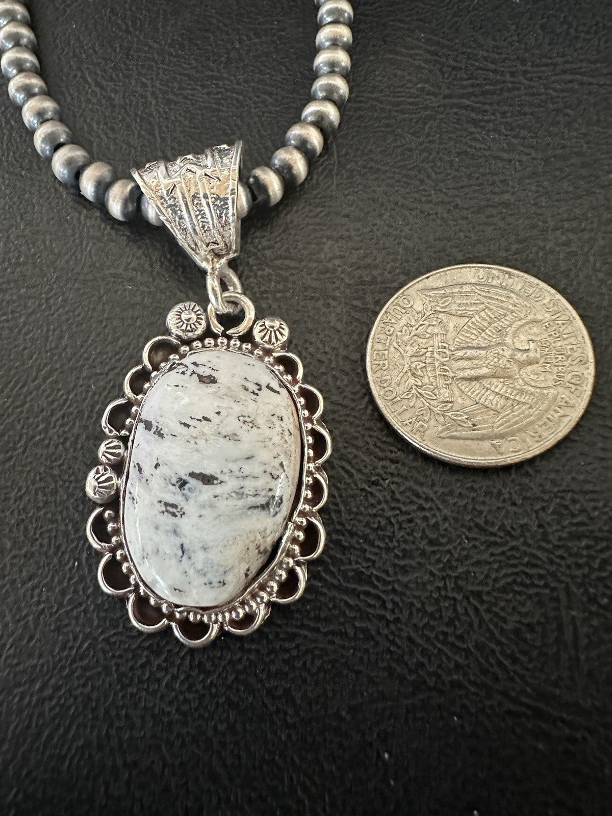 White Buffalo Turquoise Pendant Navajo Pearls Sterling Silver Necklace 19373