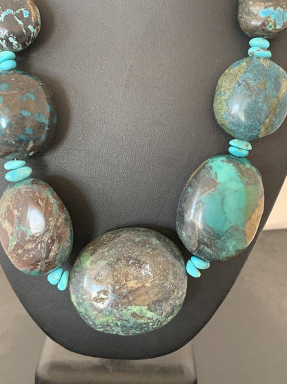 Natural Blue Nugget Turquoise Graduated Navajo Sterling Silver Necklace 00627