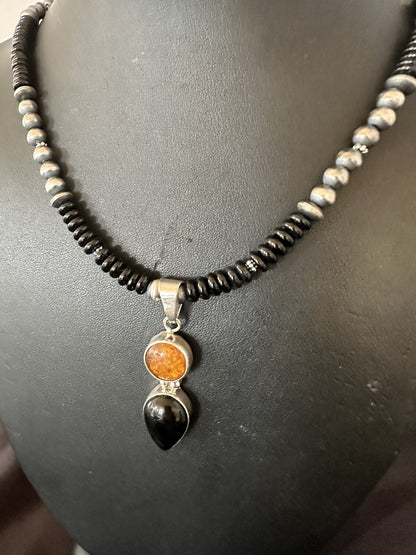 Mens Womens Black Onyx Amber Pendant Navajo Sterling Silver Necklace 18335