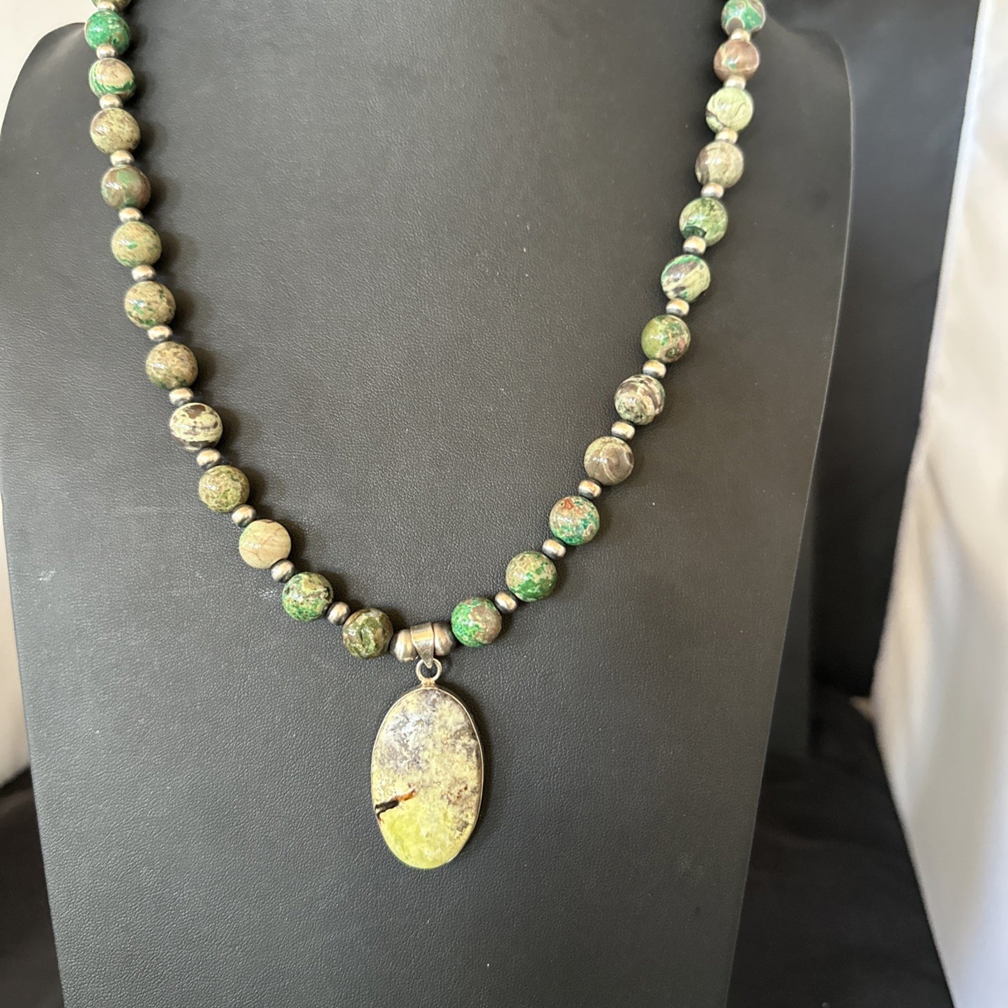 Green Gaspeite Pendant 10mm Turquoise Navajo Sterling Silver Necklace 20" 19679