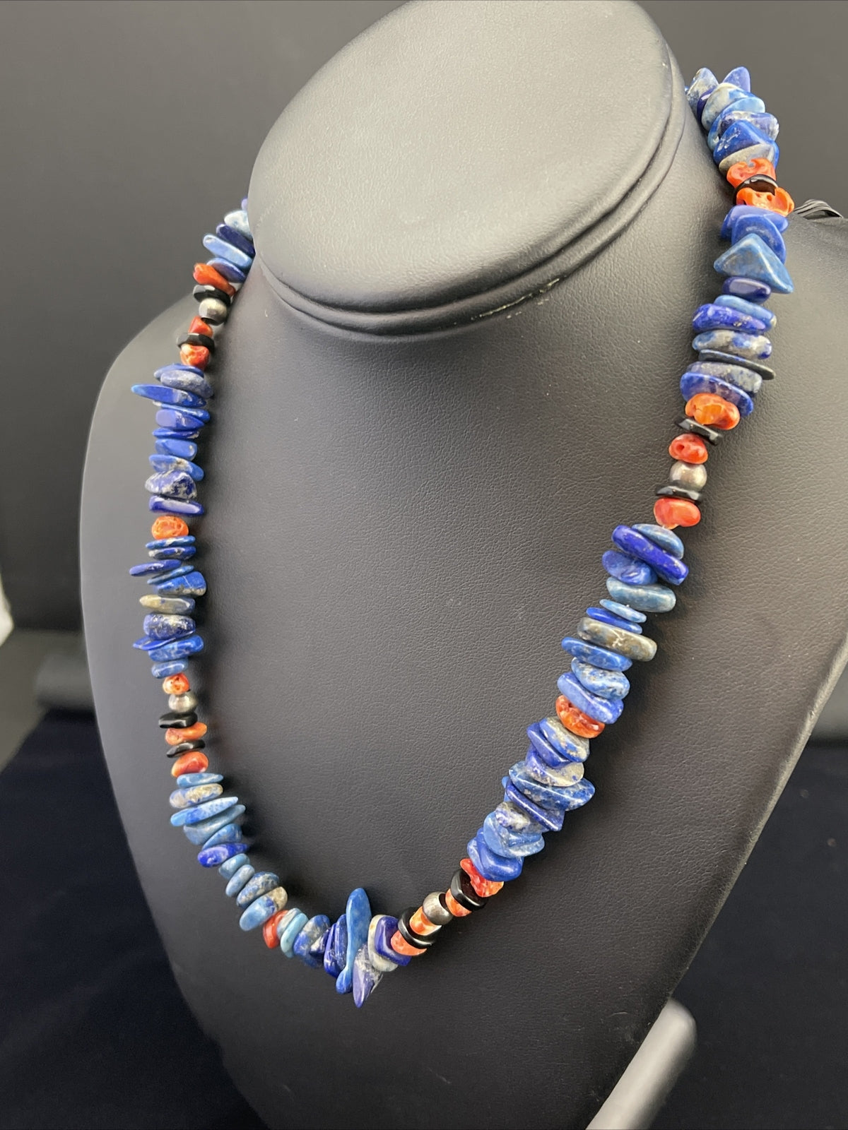 Mens Lapis Lazuli & Spiny Oyster Navajo Sterling Silver Necklace 18" 1737
