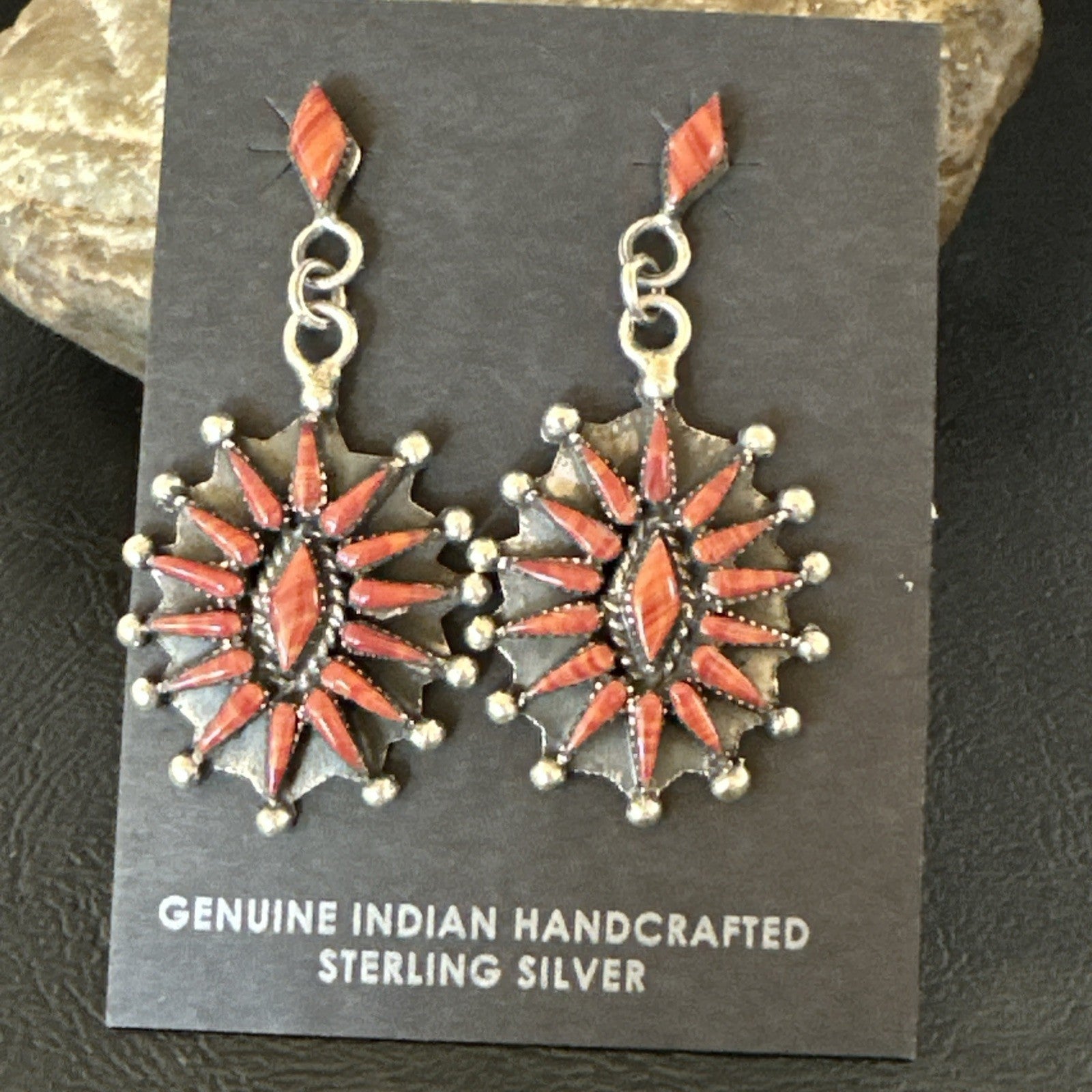 Red Coral Needlepoint Zuni Sterling Silver Dangle Earrings 19100
