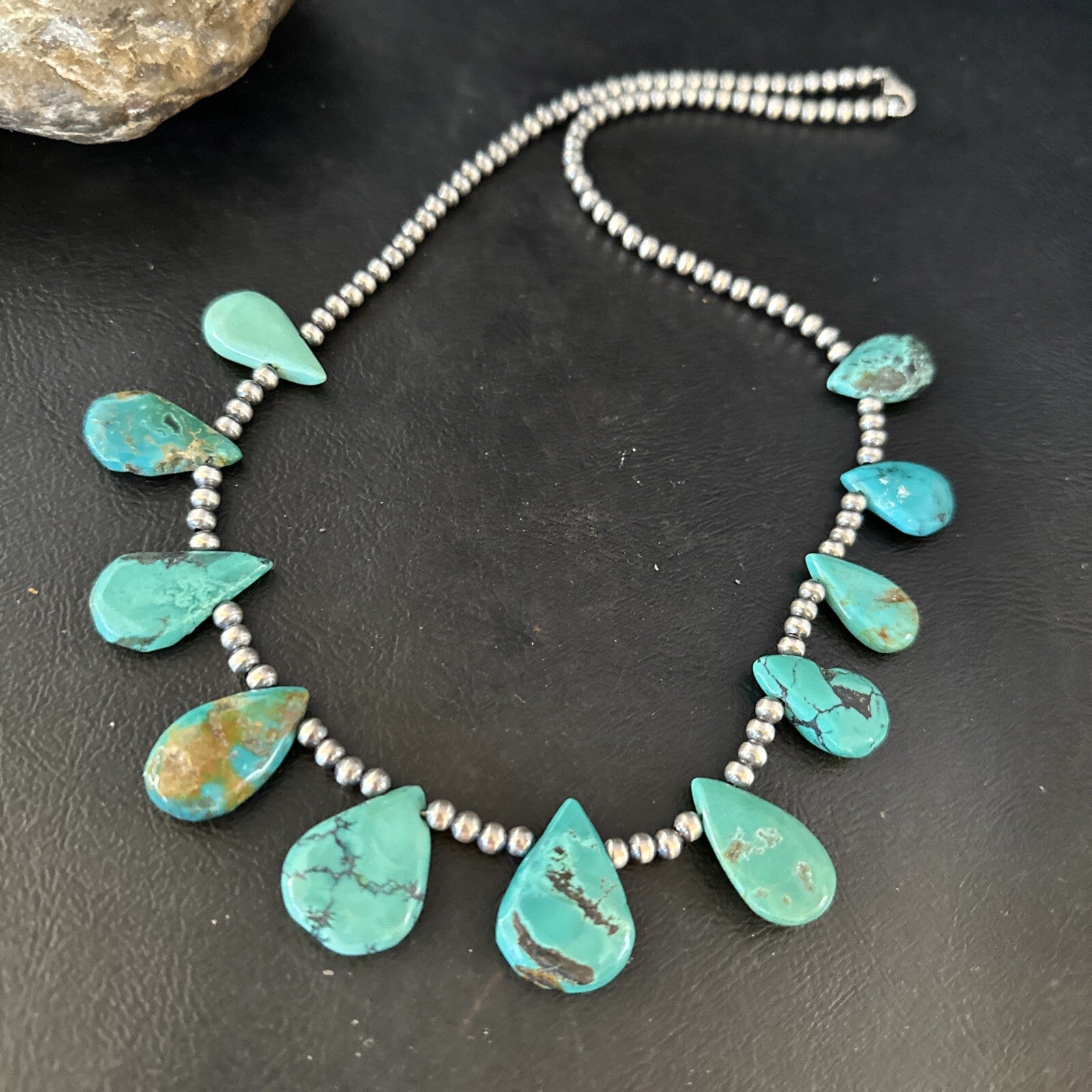 Blue Turquoise Teardrop Navajo Pearls Sterling Silver Necklace 14391