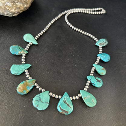 Blue Turquoise Teardrop Navajo Pearls Sterling Silver Necklace 14391