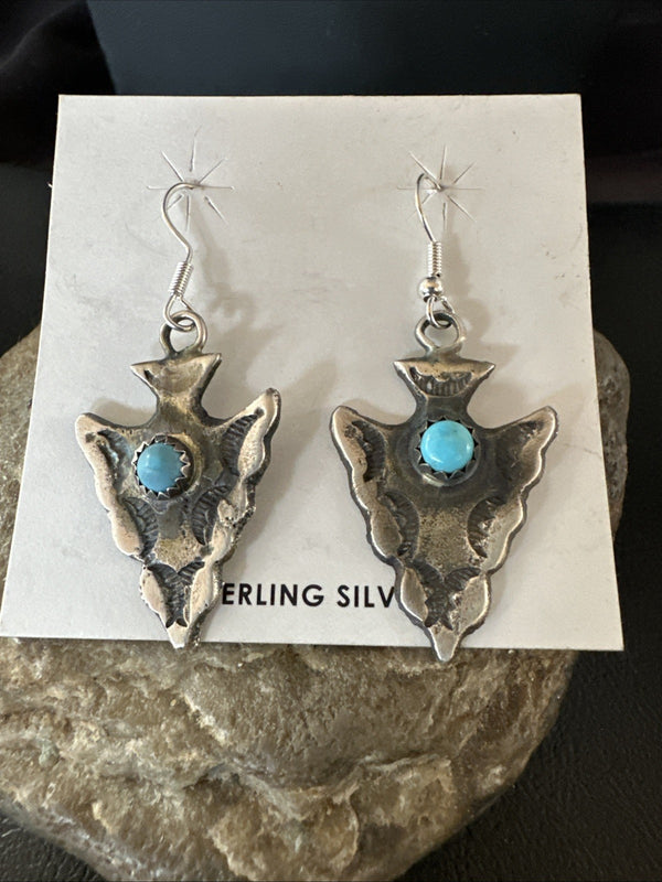 Arrowhead Womens Stamped Blue Turquoise Dangle Earrings Sterling Silver 19786