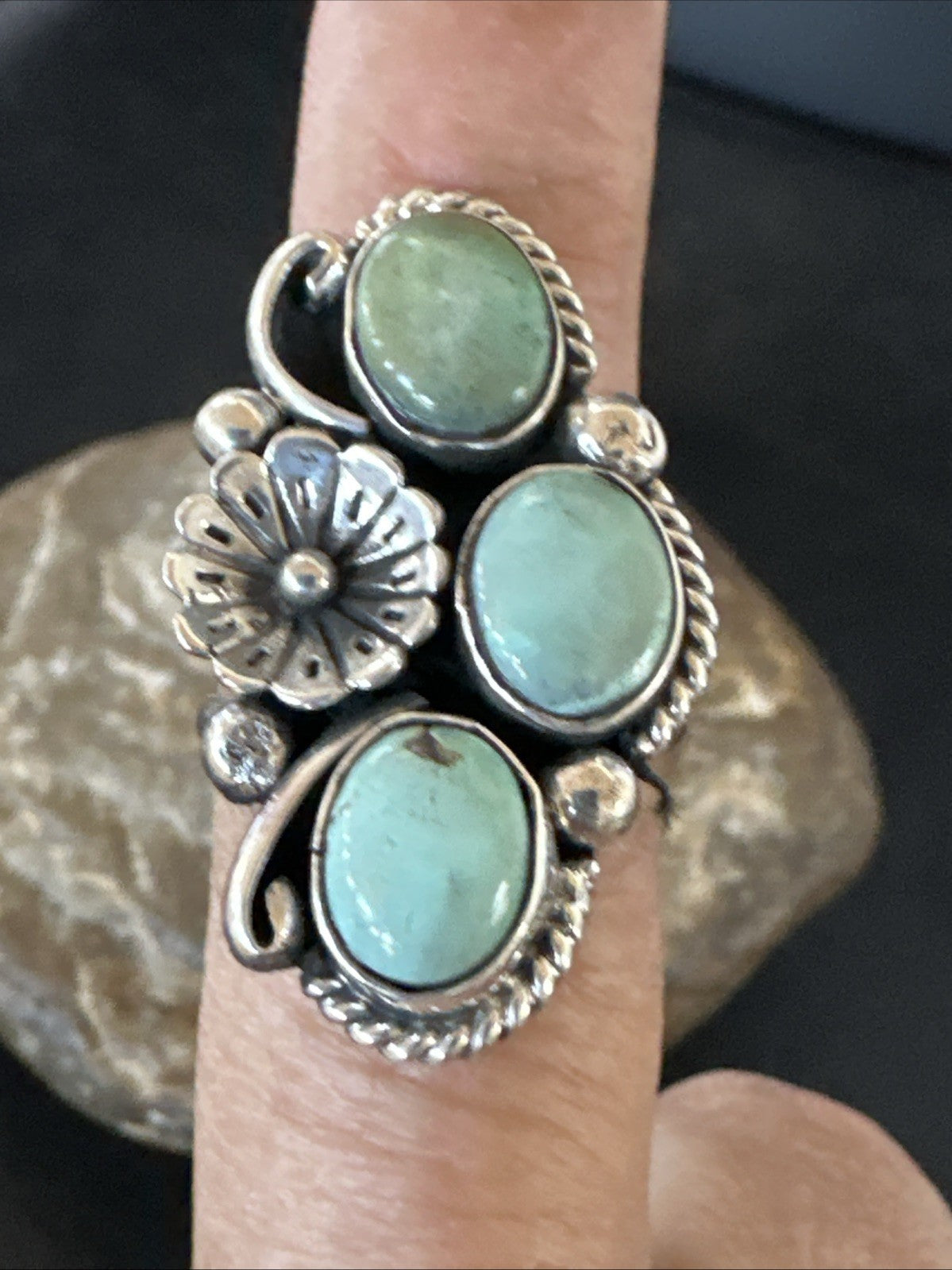 Yazzie Ring Green Turquoise Navajo Sterling Silver Cluster Size 9 19200