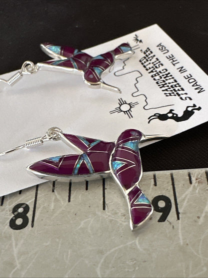 Purple Sugilite Opal Sterling Silver Hummingbird Dangle Earrings 18551