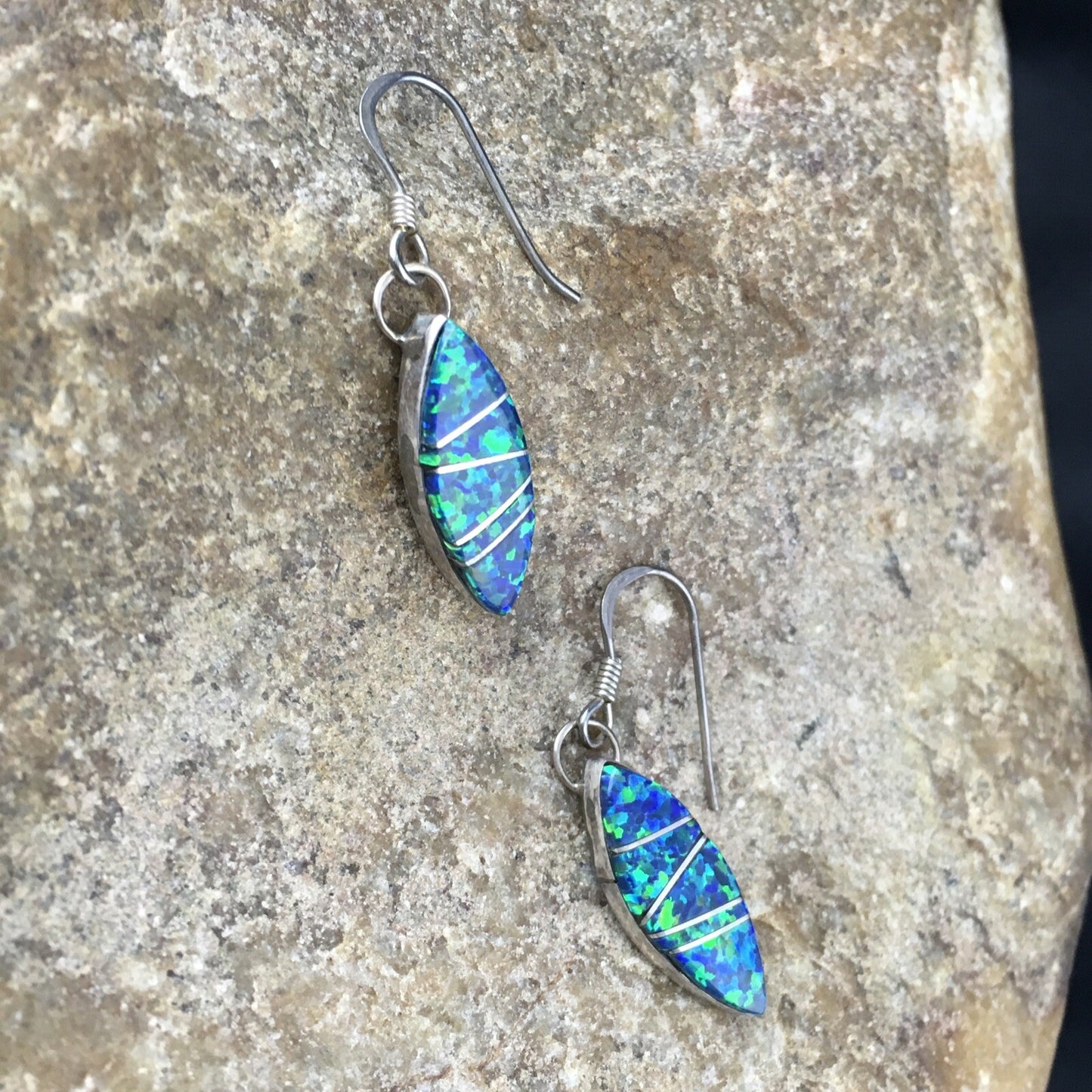 Blue Opal Inlay Navajo Indian Sterling Silver Earrings 2015