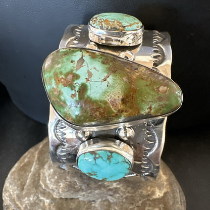 Navajo Green Royston TURQUOISE Stamped Sterling Silver Cuff Bracelet 17938