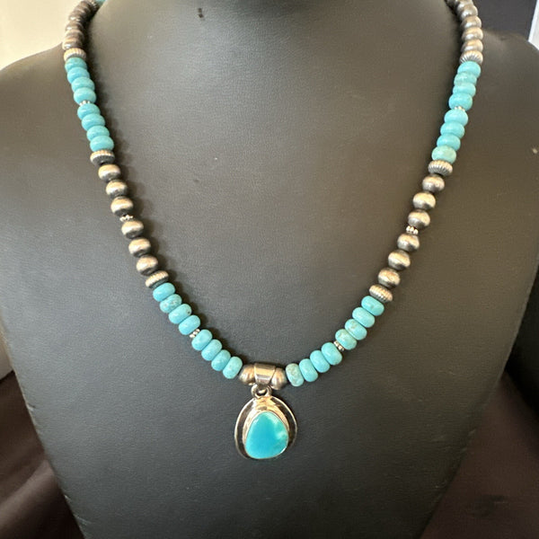 Women's Blue Kingman Turquoise Pendant Navajo Necklace 21" | Sterling Silver | Authentic Native American Handmade | 18422