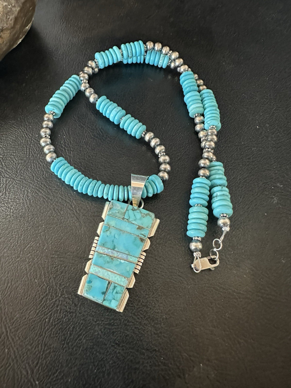 Blue Turquoise Opal Inlay Pendant Navajo Sterling Silver Necklace 19512