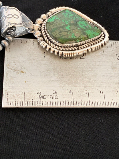 Navajo Pearls Sterling Green Spiderweb Turquoise Pendant Necklace 2984