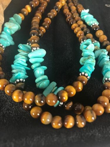 Men's Tigers Eye & Turquoise 3 Strand Necklace Navajo Sterling Silver 8418