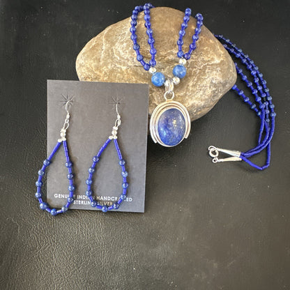 Sterling Silver Navajo Blue Lapis Mens Pendant Necklace Earrings 22” 15539