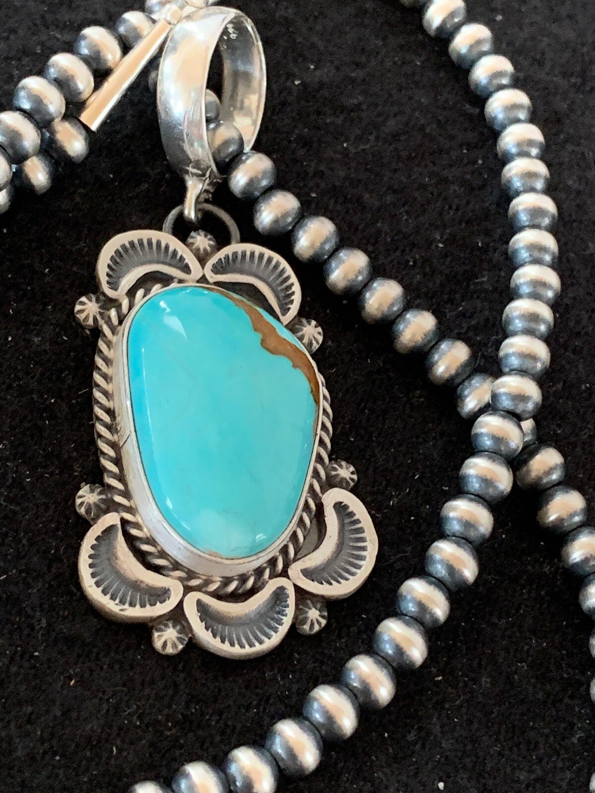 Mens Navajo Pearls Sterling Silver Royston Turquoise Necklace Pendant 04306