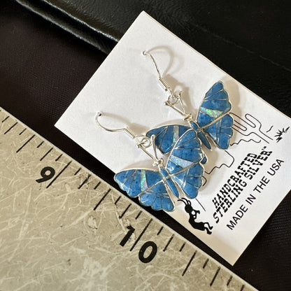 Butterfly Blue Denim Lapis Opal Inlay Sterling Silver Dangle Earrings 19138