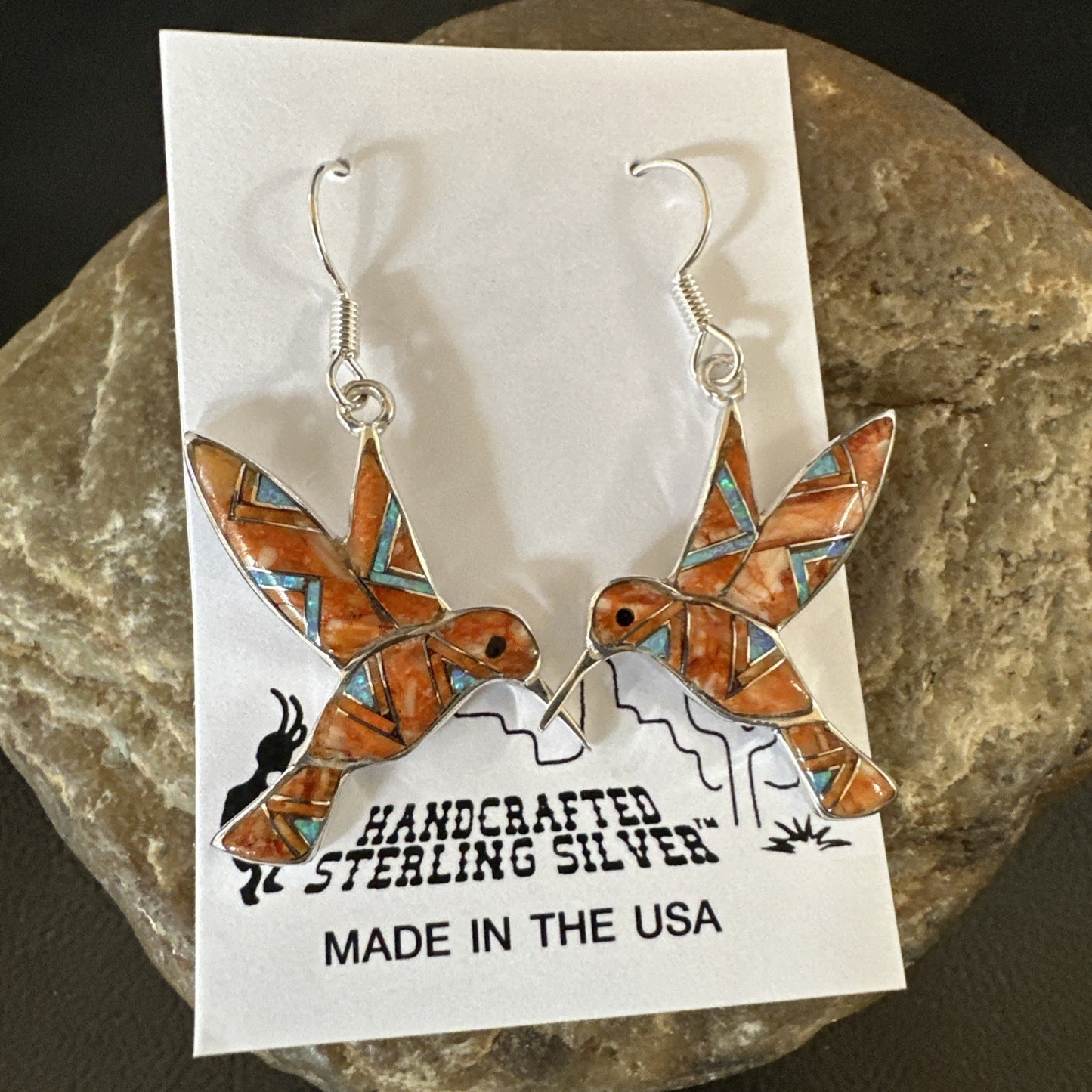 Orange Spiny Oyster Opal Sterling Silver Hummingbird Dangle Earrings 19133