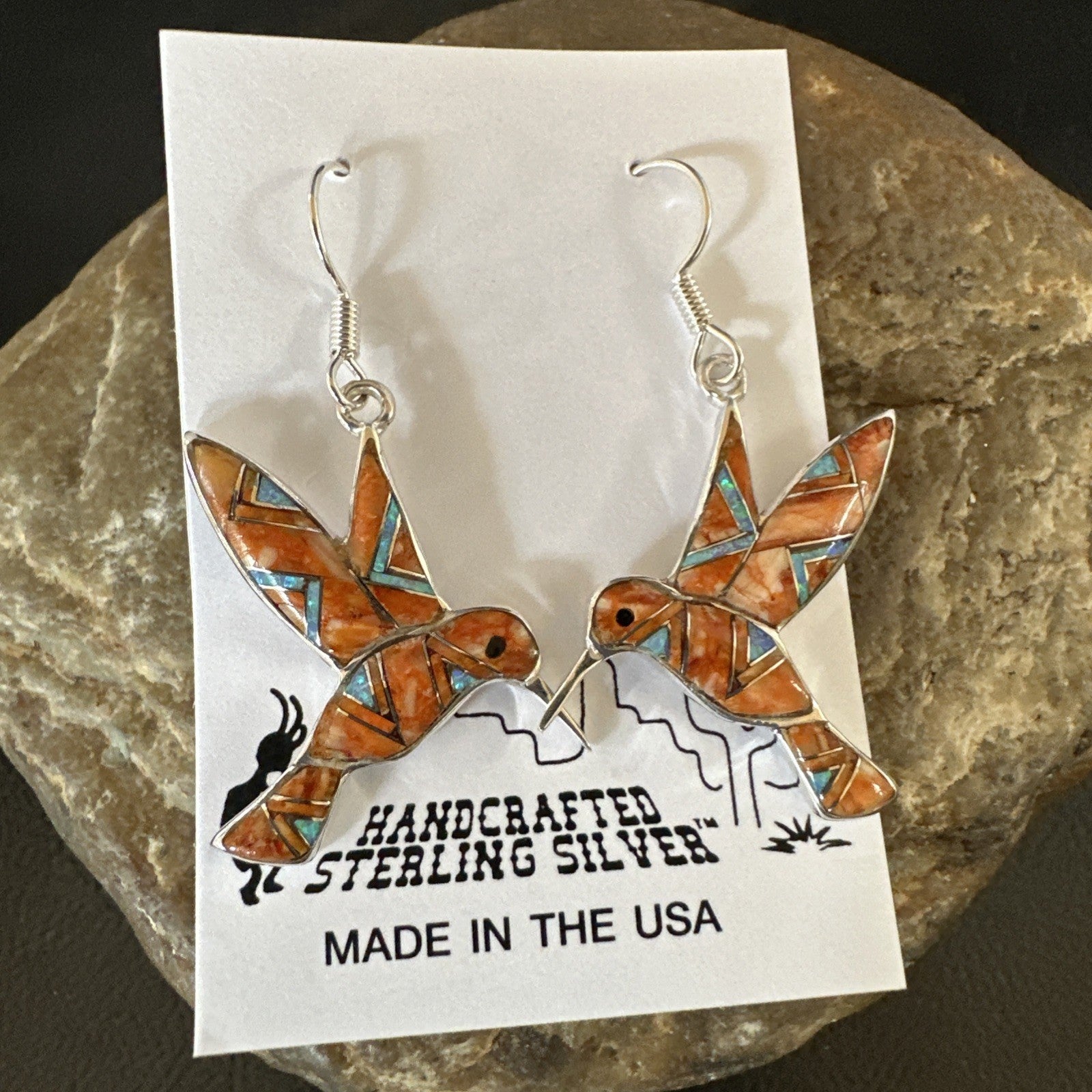 Orange Spiny Oyster Opal Sterling Silver Hummingbird Dangle Earrings 19133