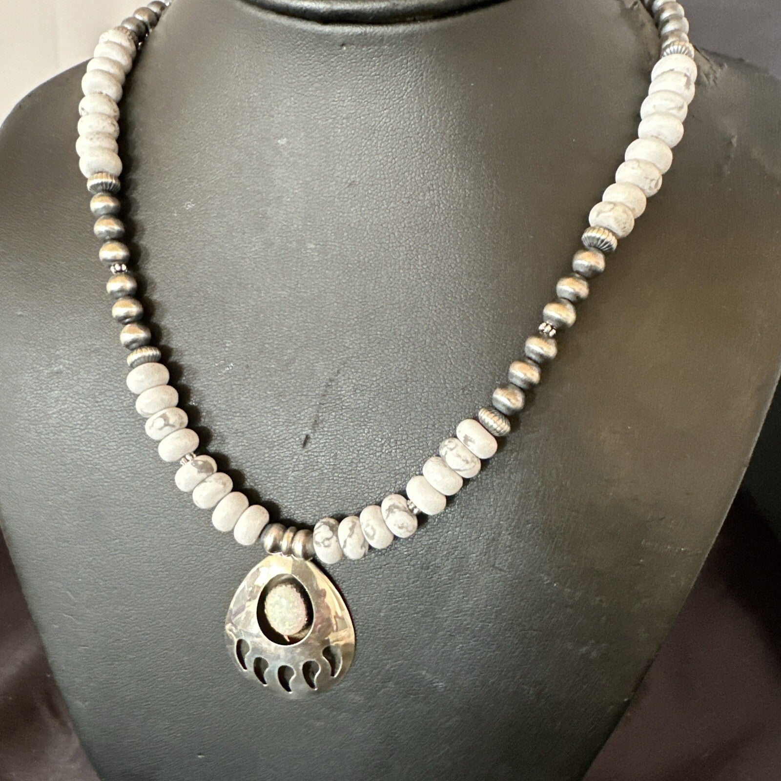 Mens White Opal BearPaw Pendant Navajo Howlite Sterling Silver Necklace 17884