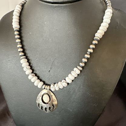 Mens White Opal BearPaw Pendant Navajo Howlite Sterling Silver Necklace 17884