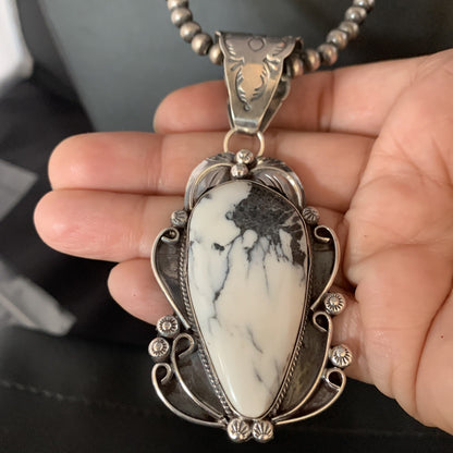 White Buffalo Turquoise Pendant Necklace Sterling Silver Navajo 13994