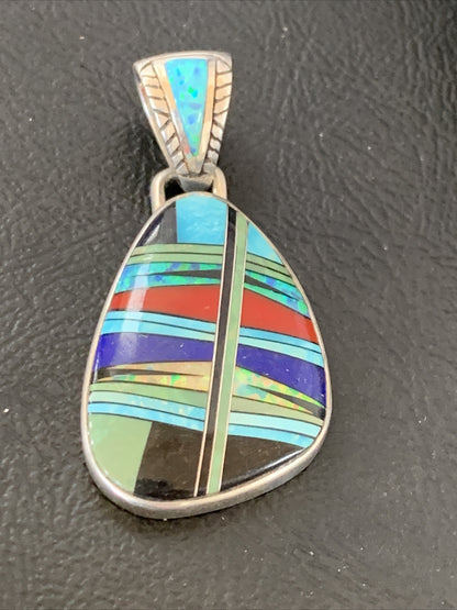 Womens Turquoise Coral & Opal Navajo Sterling Silver Inlay Pendant 12494