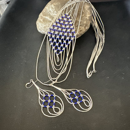 Lapis Heishi Tubes Pendant 7 Strand Sterling Silver Necklace Earrings 19753