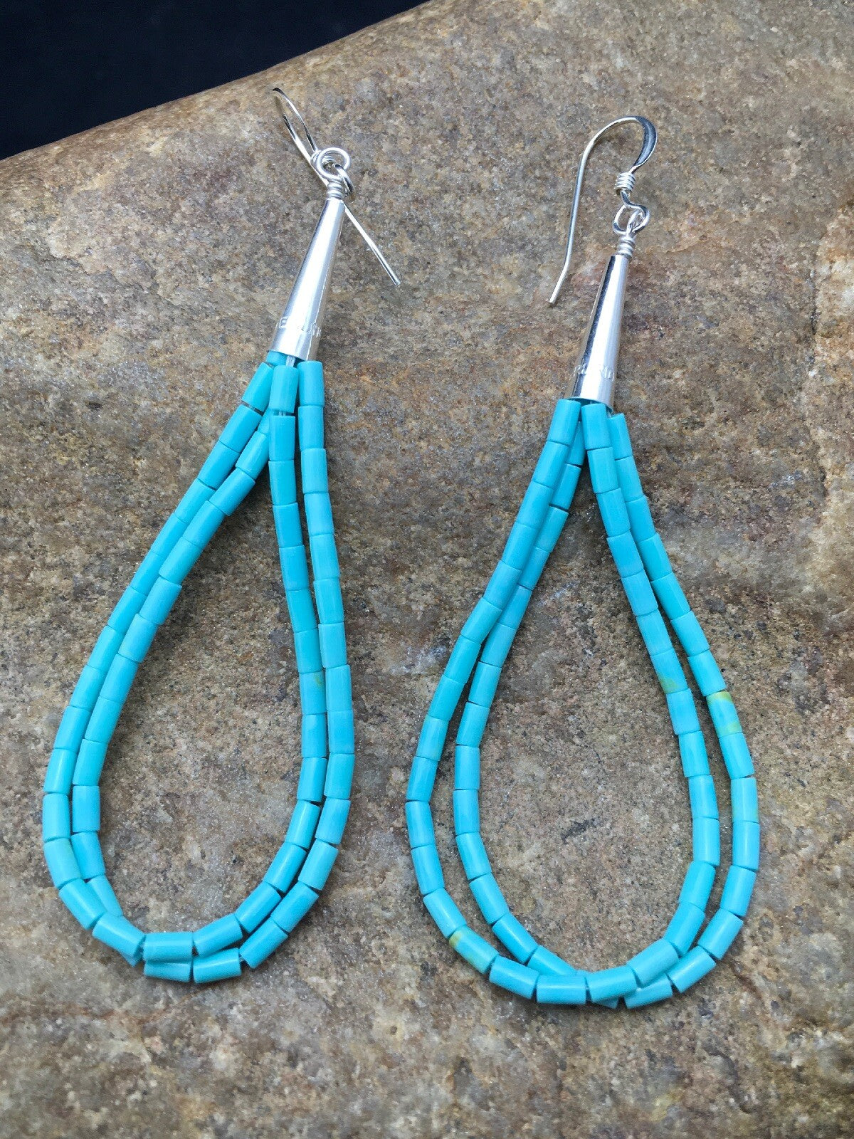 Native Blue Turquoise Liquid Sterling Silver Heishi Dangle 2.5" Earrings 04372