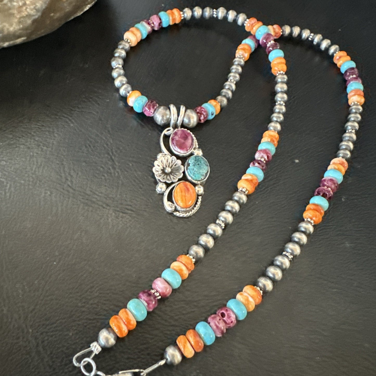 Multicolor Turquoise Spiny Navajo Sterling Silver Cluster Pendant Necklace 19642