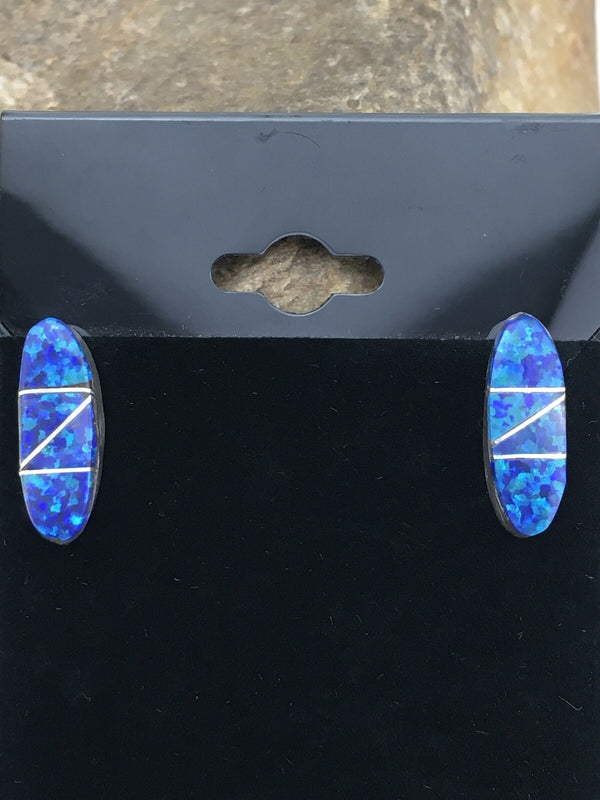 Navajo Handmade Blue Opal Inlay Earrings 0.75" | Sterling Silver | Authentic Native American Handmade | 1331