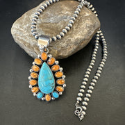 Multicolor Turquoise Spiny Navajo Cluster Pendant Necklace | Sterling Silver | Authentic Native American Handmade | 19559