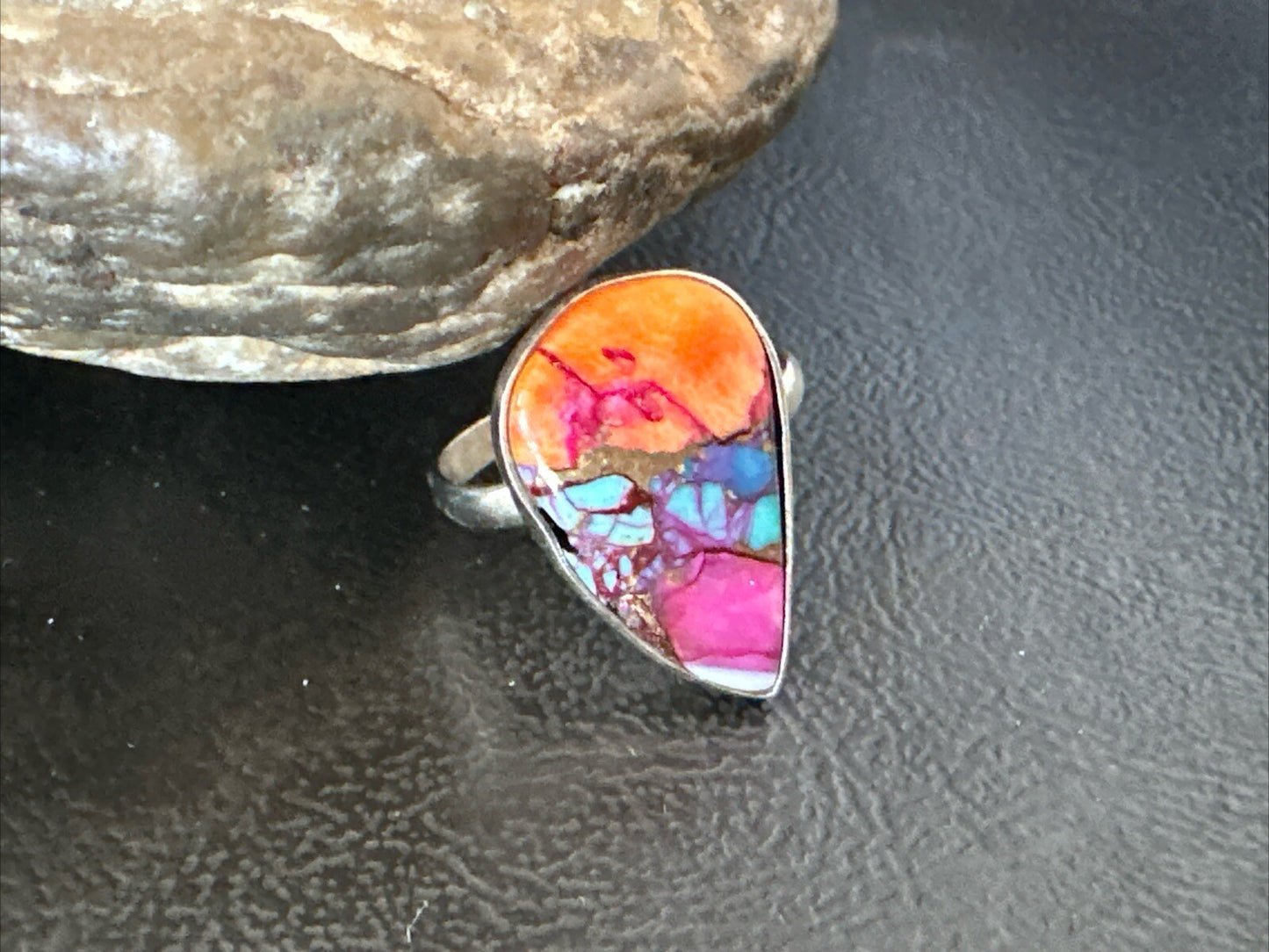 Blue Turquoise Spiny Oyster Southwestern Sterling Silver Ring Size 9 18464