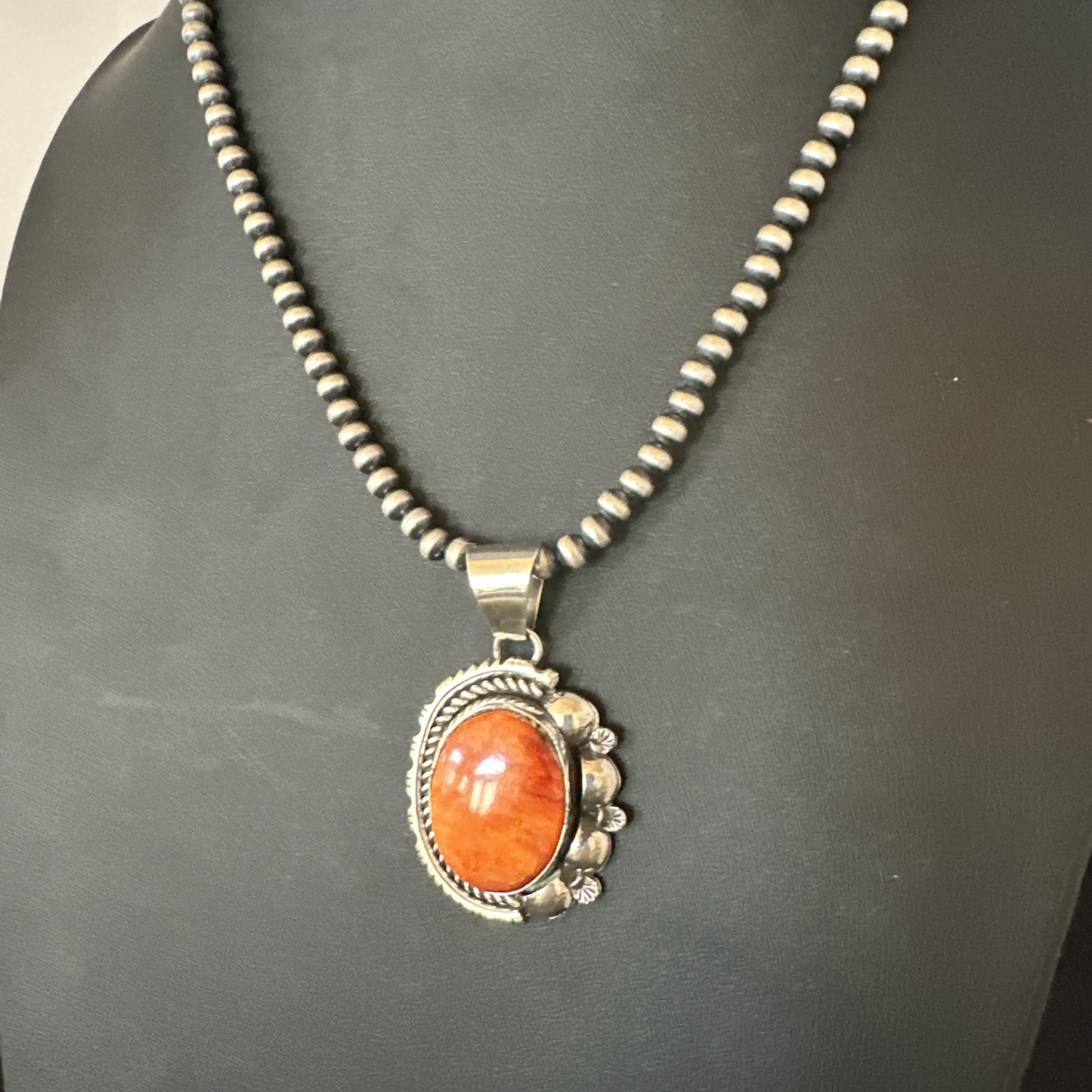 Yazzie Orange Spiny Oyster Pendant Navajo Sterling Silver Necklace 19490