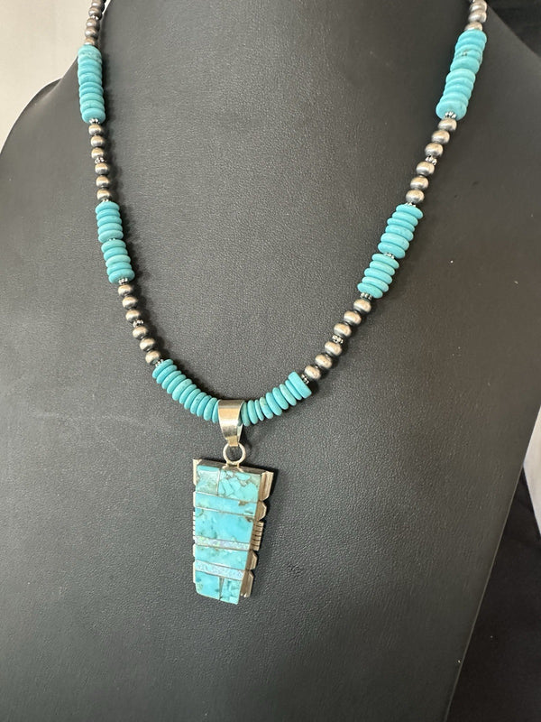 Blue Turquoise Opal Inlay Pendant Navajo Necklace | Sterling Silver | Authentic Native American Handmade | 19512